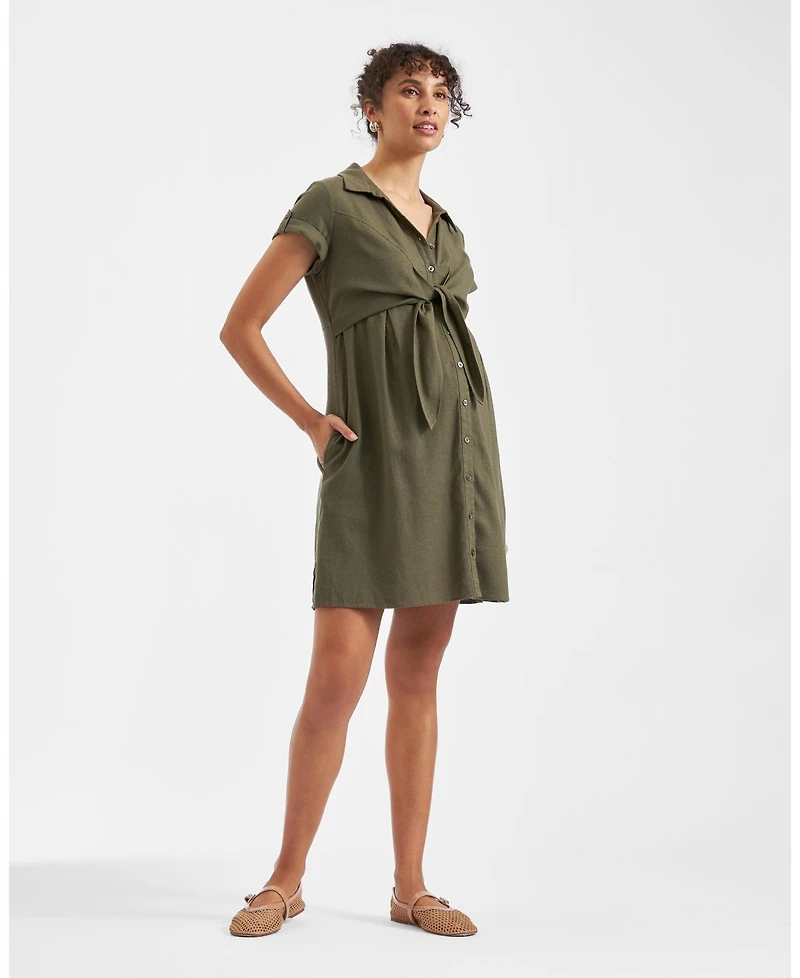 Ripe Maternity Maternity Colette Olive Tie Up Linen Dress Stylish and Comfortable Summer Wear