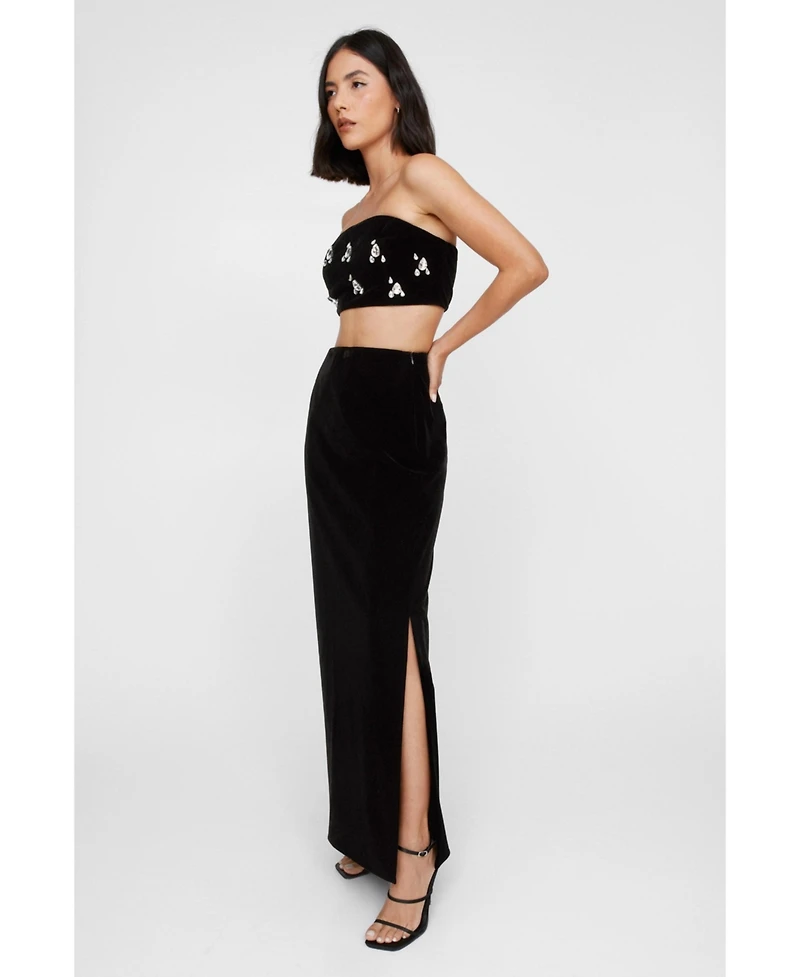 Nasty Gal Women's Velvet High Waist Side Split Maxi Skirt
