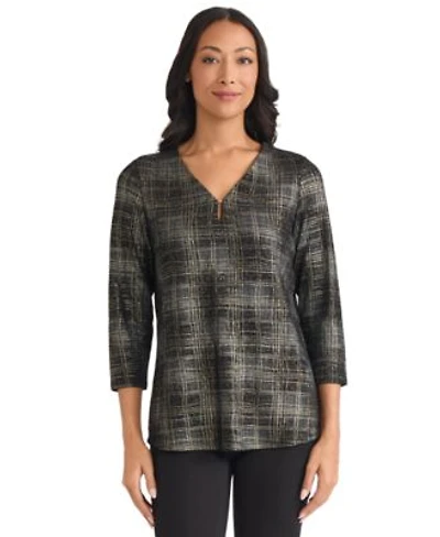 Jones New York Womens Two Tone Foil V Neck Top