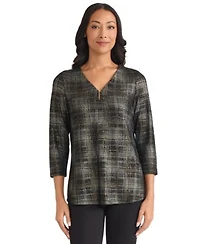 Jones New York Womens Two Tone Foil V Neck Top