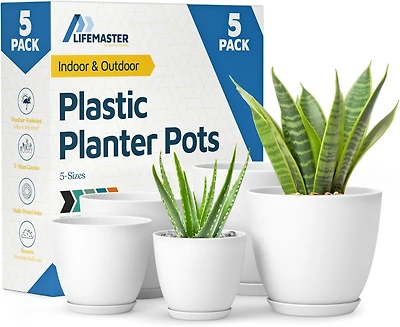 Lifemaster White Plant Pots with Drainage Holes & Saucers 5 Packs, Indoor & Outdoor Stackable Plastic Planters in Multiple Sizes for Houseplants & Flo