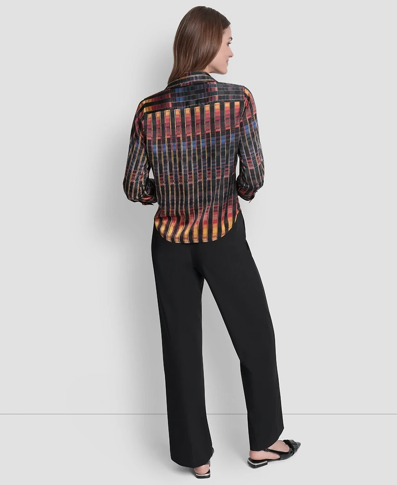Dkny Women's Printed Satin Long Sleeve V-Neck Blouse