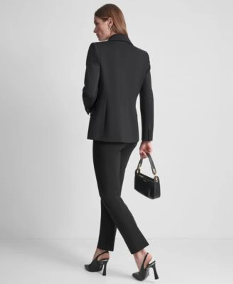 Dkny Womens Two Button Ponte Jacket Covered Placket Long Balloon Sleeve Woven Blouse Straight Pintuck Mid Rise Trousers
