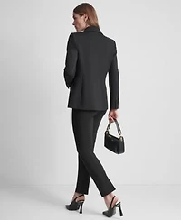 Dkny Womens Two Button Ponte Jacket Covered Placket Long Balloon Sleeve Woven Blouse Straight Pintuck Mid Rise Trousers