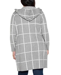 Belldini Plus Hooded Windowpane Plaid Cardigan Sweater