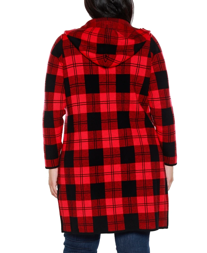 Belldini Plus Hooded Checkered Plaid Cardigan Sweater