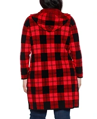 Belldini Plus Hooded Checkered Plaid Cardigan Sweater