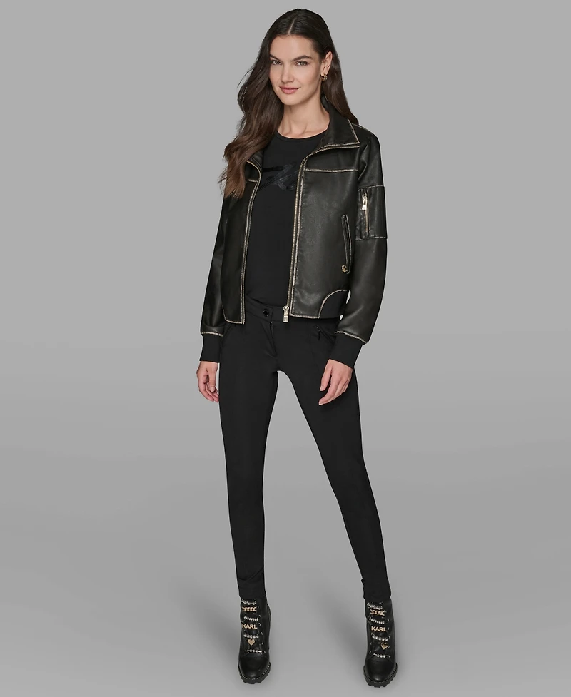 Karl Lagerfeld Paris Women's Knit-Trim Faux-Leather Jacket