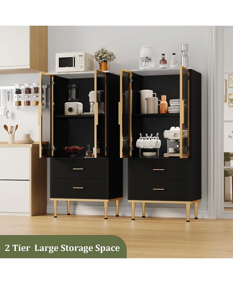 Fluted Glass Door Storage Cabinet w/Adjustable Shelves & 2 Drawers |Black Contemporary Display Unit for Kitchen Pantry or Living Room Storage