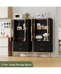 Fluted Glass Door Storage Cabinet w/Adjustable Shelves & 2 Drawers |Black Contemporary Display Unit for Kitchen Pantry or Living Room Storage