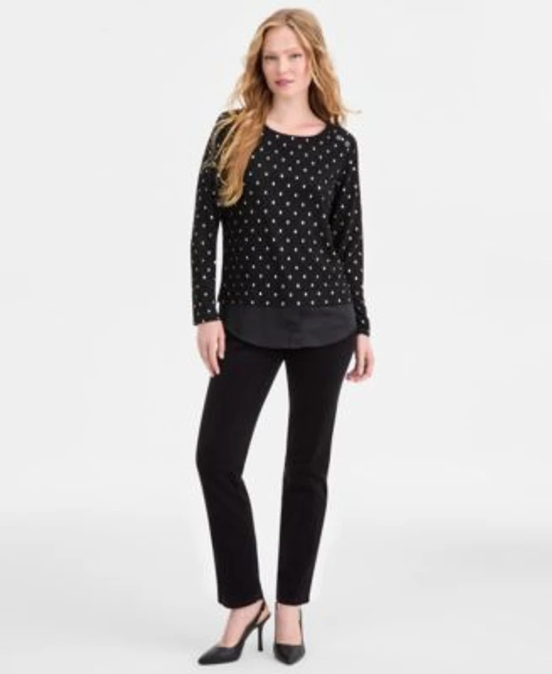 Jones New York Womens Textured Contrast Hem Top Fly Front Lexington Straight Jeans