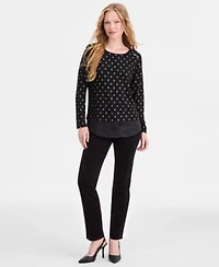 Jones New York Womens Textured Contrast Hem Top Fly Front Lexington Straight Jeans