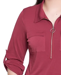 Ny Collection Women's 3/4 Roll Tab Zip Front Top