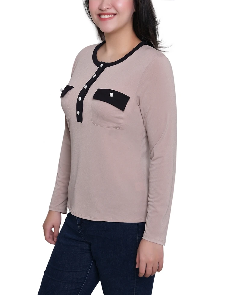 Ny Collection Women's Long Sleeve Contrast Detail Top