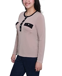 Ny Collection Women's Long Sleeve Contrast Detail Top