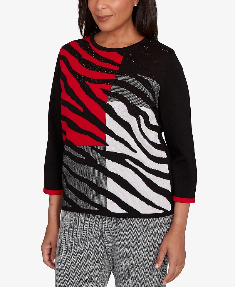 Alfred Dunner Jet Setter Zebra Colorblock Long Sleeve Sweater