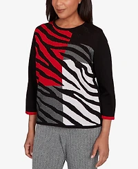 Alfred Dunner Jet Setter Zebra Colorblock Long Sleeve Sweater