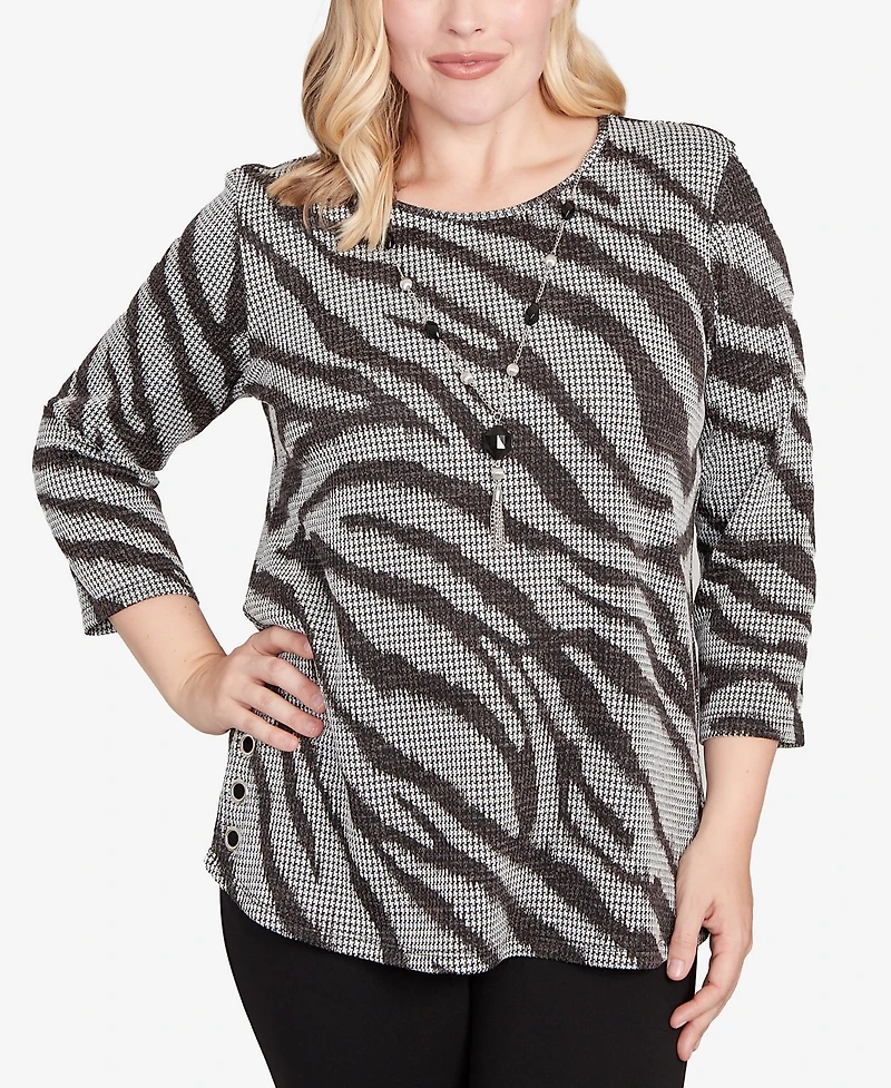 Alfred Dunner Jet Setter Animal Houndstooth Top With Necklace