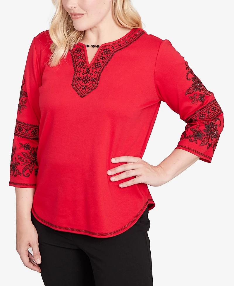 Alfred Dunner Jet Setter Knit Embroidered Sleeve Beaded Split Neck Top