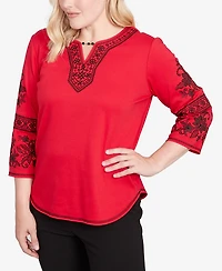 Alfred Dunner Jet Setter Knit Embroidered Sleeve Beaded Split Neck Top