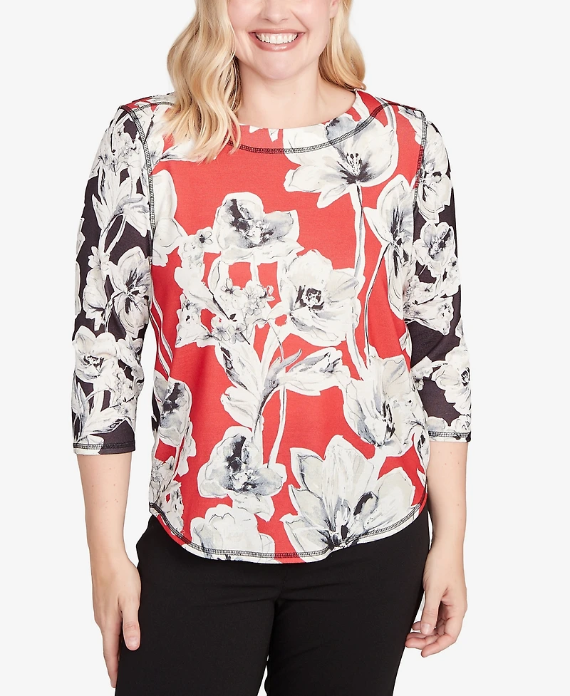 Alfred Dunner Women's Jet Setter Dynamic Floral Vintage Watercolor Top