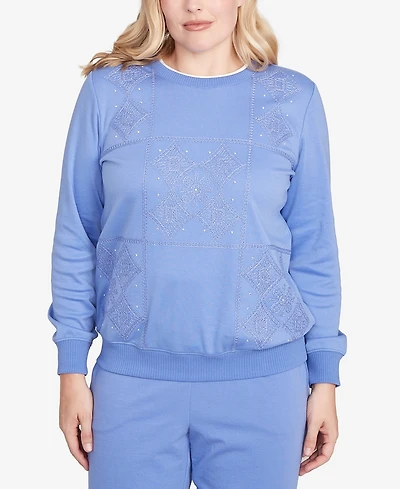 Alfred Dunner Casual Vibe Embroidered Patchwork Long Sleeve Top