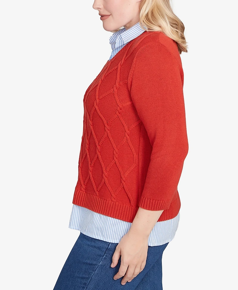 Alfred Dunner Sunset Canyon Stitched Cable Stripe Woven Trim Sweater