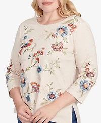 Alfred Dunner Sunset Canyon Allover Floral Embroidered Crew Neck Top