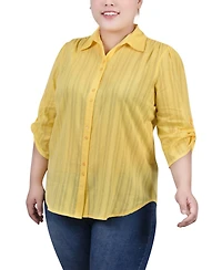 Ny Collection Plus 3/4 Roll Tab Sleeve Cotton Top