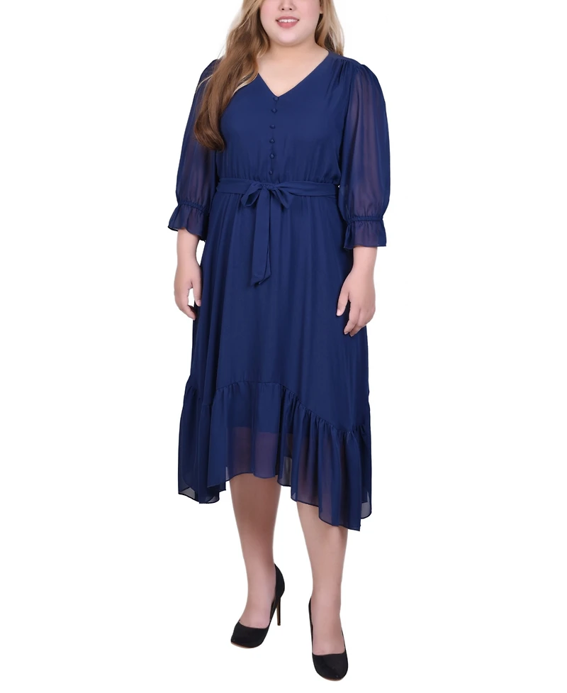 Ny Collection Plus 3/4 Sleeve V-Neck Flounced Dress