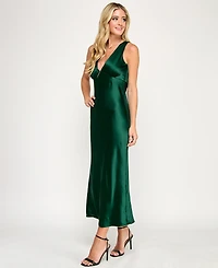 Emerald Sundae Juniors' V-Neck A-Line Satin Midi Dress