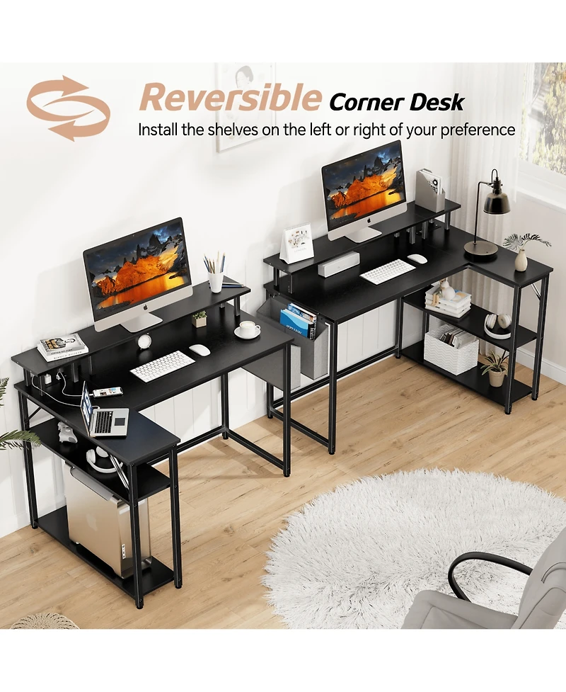 Mr Ironstone L-Shaped Office Desk with Power Outlets & Led Lights, 47" Computer Desk with Monitor Stand, Black