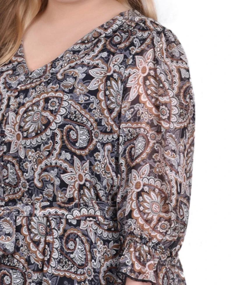 Ny Collection Plus 3/4 Sleeve V-Neck Flounced Dress
