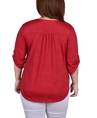 Ny Collection Plus 3/4 Roll Tab Zip Front Jacquard Knit Top