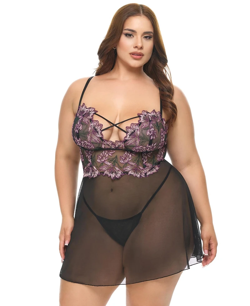 Oh La Cheri Plus Adela Floral Sheer Babydoll