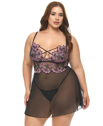 Oh La Cheri Plus Adela Floral Sheer Babydoll