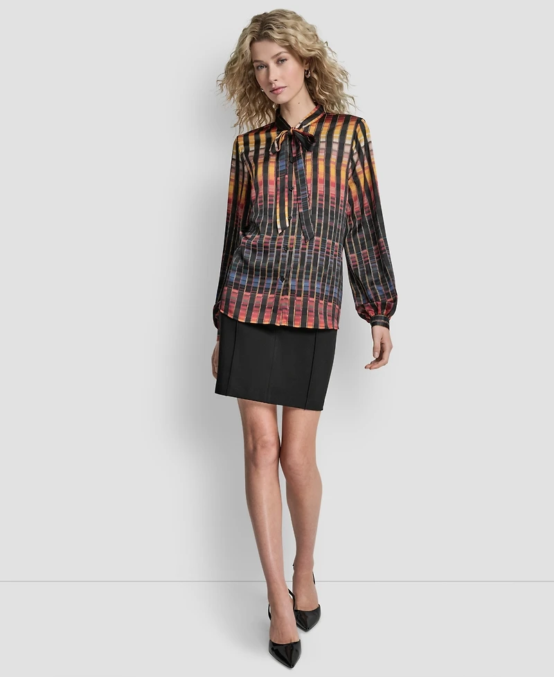 Dkny Women's Printed Neck Tie Long Sleeve Top