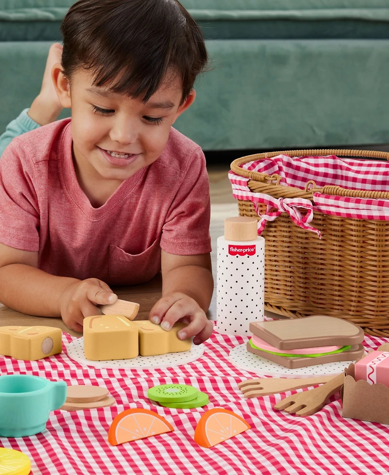Fisher Price Wooden Picnic Basket and Food Pretend Play Set, 31 Wood Pieces