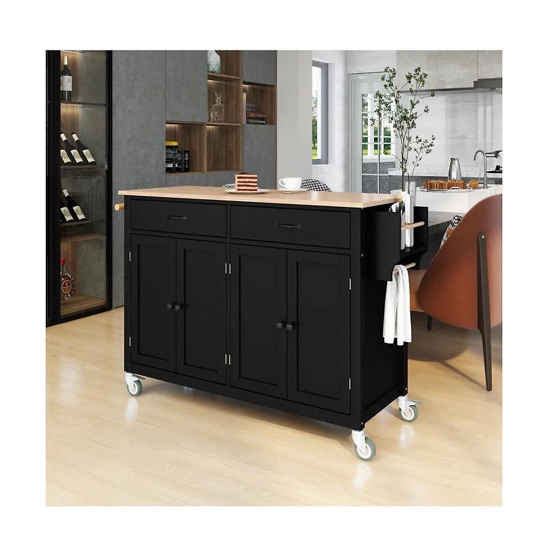54.3" Kitchen Island Cart, Storage Cabinet with Solid Wood Top, 4-Door Cabinet, 2 Drawers & Locking Wheels-Maison Boucle