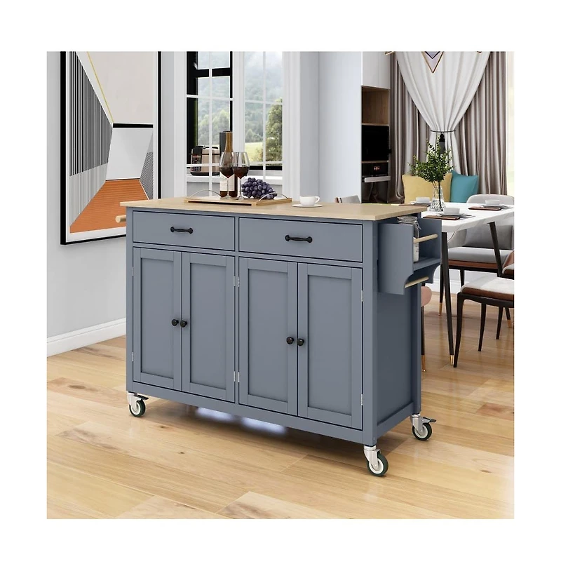 54.3" Kitchen Island Cart, Kitchen Storage Cabinet with Solid Wood Top, 4-Door Cabinet, 2 Drawers & Locking Wheels-Maison Boucle