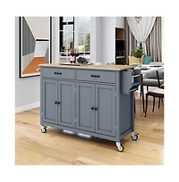 54.3" Kitchen Island Cart, Kitchen Storage Cabinet with Solid Wood Top, 4-Door Cabinet, 2 Drawers & Locking Wheels-Maison Boucle