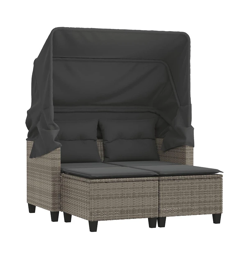 vidaXL Patio Sofa 2-Seater with Canopy and Stools Gray Poly Rattan