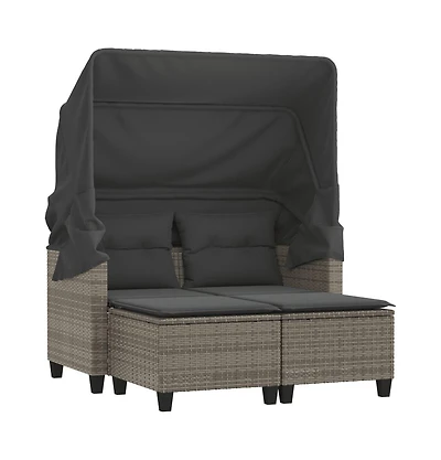 vidaXL Patio Sofa 2-Seater with Canopy and Stools Gray Poly Rattan