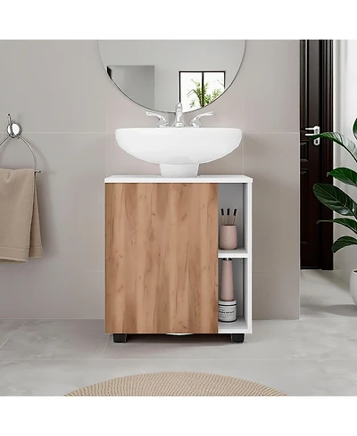Parade Under Pedestal Sink Cabinet, 1 Door, 5 Open Compartments, Melamine Finish, White and Natural Oak