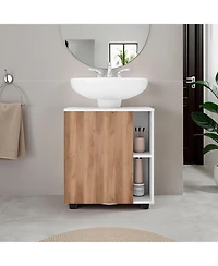 Parade Under Pedestal Sink Cabinet, 1 Door, 5 Open Compartments, Melamine Finish, White and Natural Oak