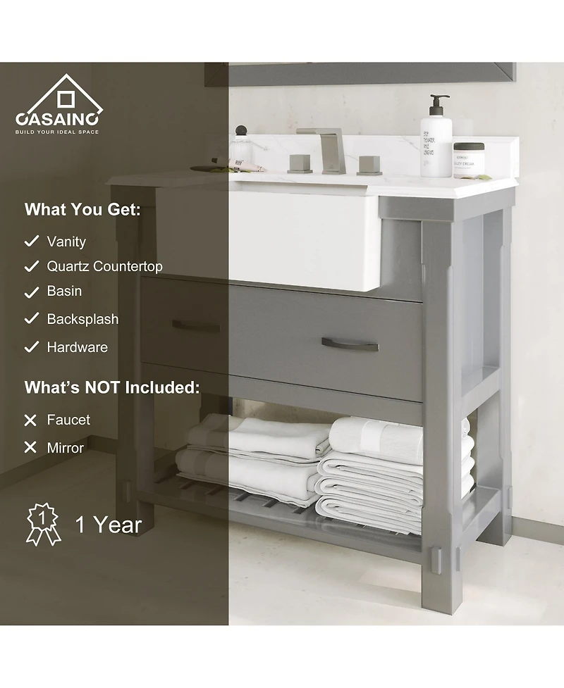 Casainc 36-Inch Solid Wood Bathroom Vanity with Quartz Bullnose Top and Ceramic Basin