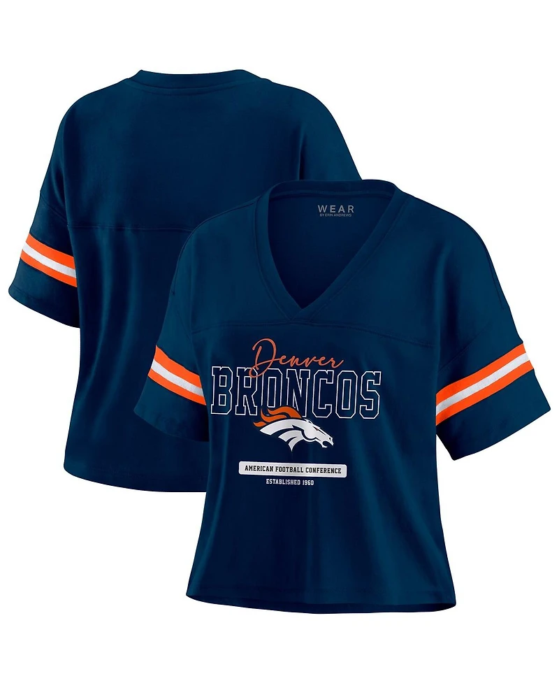 Wear by Erin Andrews Women's Navy Denver Broncos Color Block Boxy Modest Crop V-Neck T-Shirt