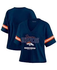 Wear by Erin Andrews Women's Navy Denver Broncos Color Block Boxy Modest Crop V-Neck T-Shirt