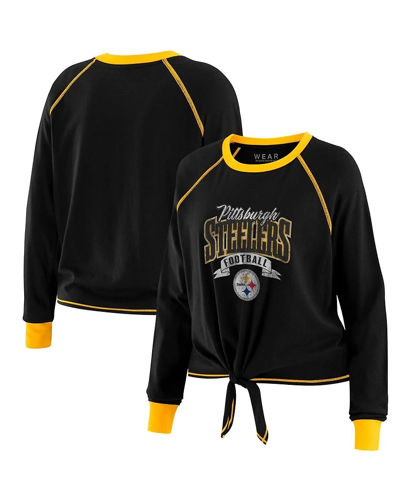 Wear by Erin Andrews Women's Black/Gold Pittsburgh Steelers Plus Size Tie-Front Long Sleeve Top