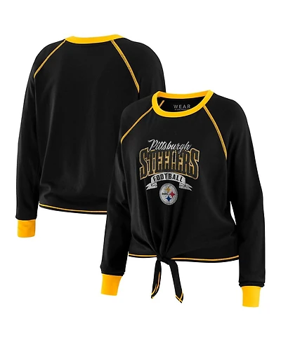 Wear by Erin Andrews Women's Black/Gold Pittsburgh Steelers Plus Size Tie-Front Long Sleeve Top